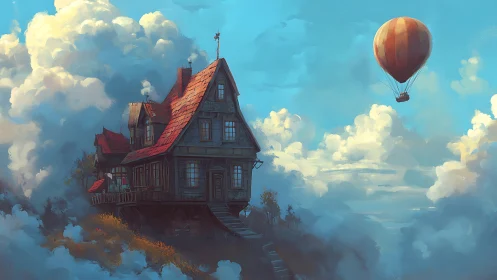 Clifftop sky cottage greets a lone wandering hot air balloon.