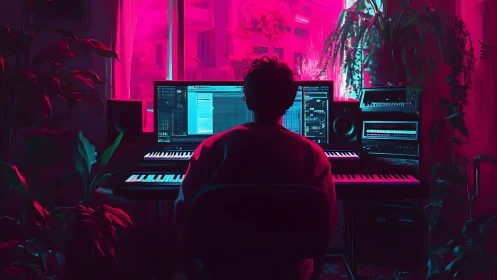 Neon home studio glow with a focused late night beatmaker.