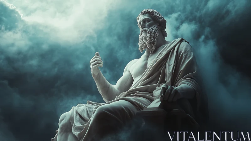 Majestic stone god sits calmly above swirling storm clouds