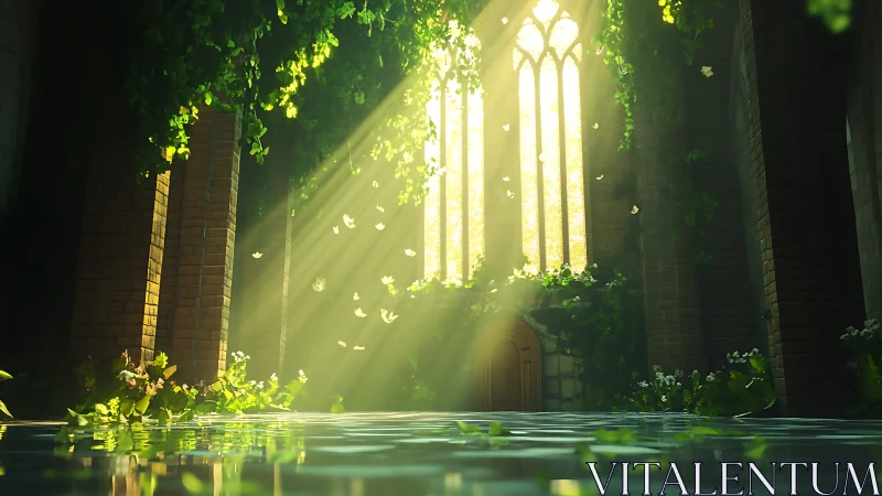 Volumetric sunlight in overgrown cathedral nave interior.