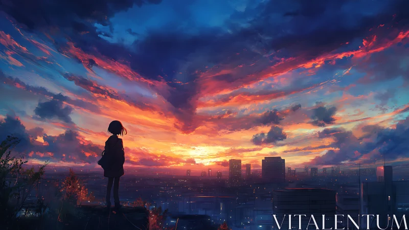 Silhouetted girl observes blazing sunset over vast city