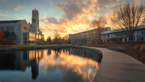 Modern collegiate campus lakefront at dramatic sunset reflection