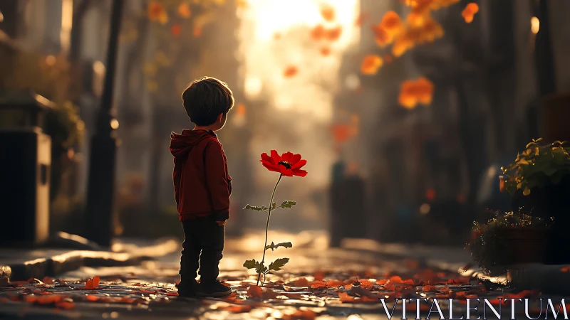 Child stands on cobblestone street observing single red flower