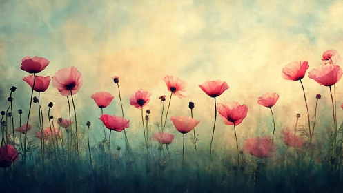 Pink Poppy Field Blooming Against Misty Dawn Sky.