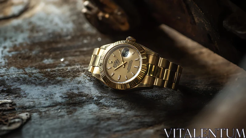 Gold chronometer on oxidized steel with directional bokeh lighting.