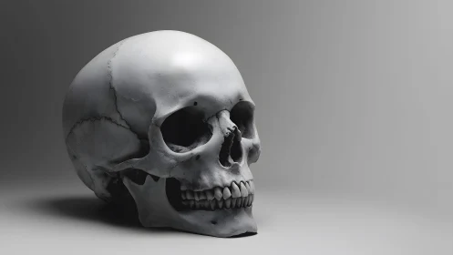 Realistic human skull on gray background, dramatic lighting.