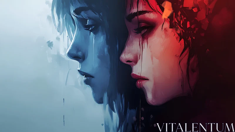 Dual portrait of sorrow in split blue and crimson light.