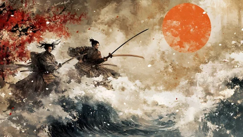 Samurai ride storm-tossed seas beneath a bleeding sun.