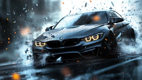 Rain-soaked sports car drifts through sparks and shattered glass.