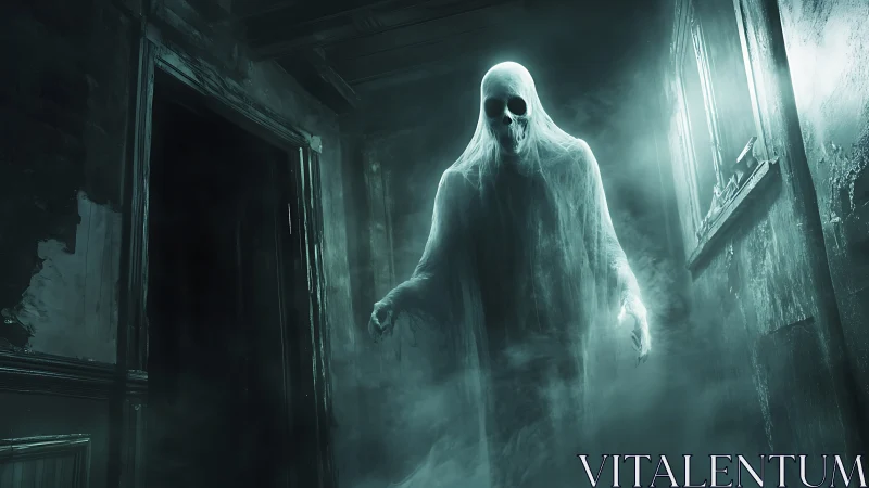 Skeletal ghost drifts through decayed hallway in misty glow.
