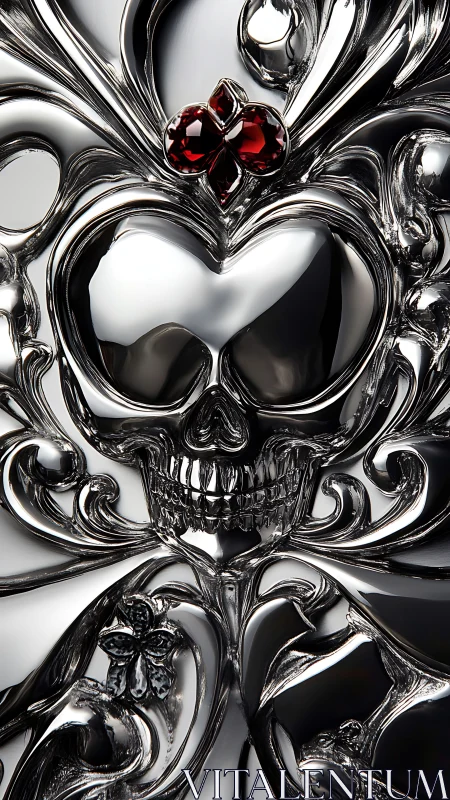 Chromed skull filigree with garnet heart in baroque relief.