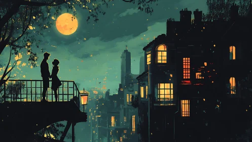 Silhouetted figures on terrace against full moon overlooking luminescent cityscape