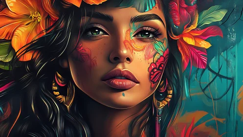 Vivid floral portrait with surreal painted face and gaze.