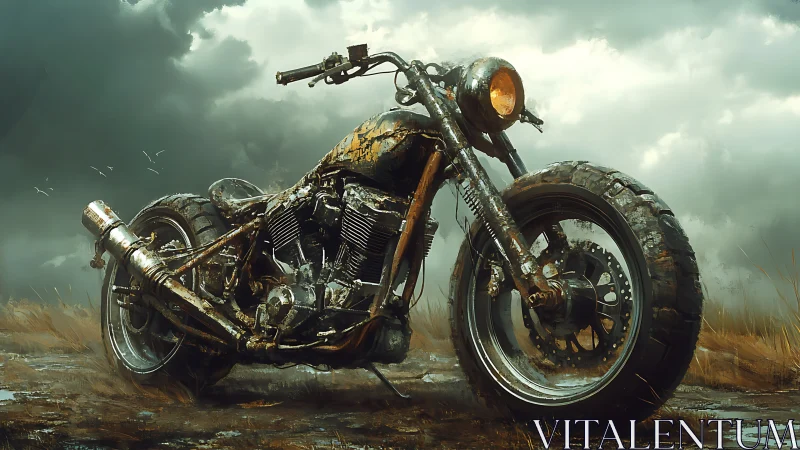 Weathered custom chopper rendered in cinematic digital realism