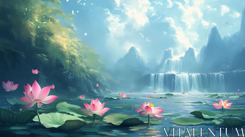 Lotus-filled mountain lake with cascading multi-tiered waterfalls