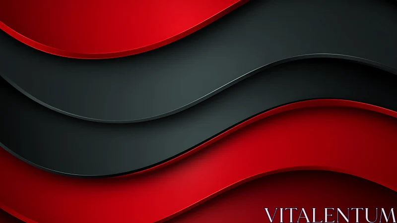 Curved red and black bands form layered abstract surfaces