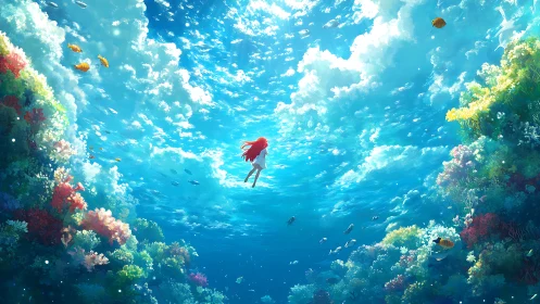 Girl with red hair swims upward through bright coral reef