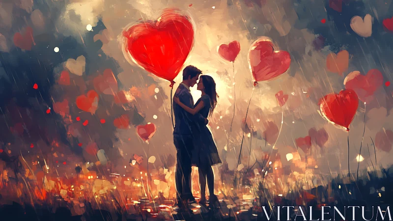 Two figures stand amid illuminated heart-shaped balloons in atmospheric scene.