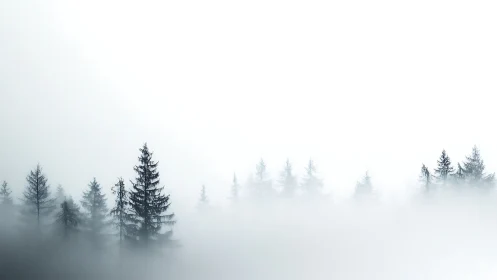 Coniferous treeline partially obscured by dense low fog layer.