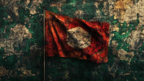 Weathered red flag hangs against peeling textured wall.