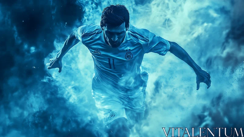 Dynamic footballer sprints through luminous cyan vapor field