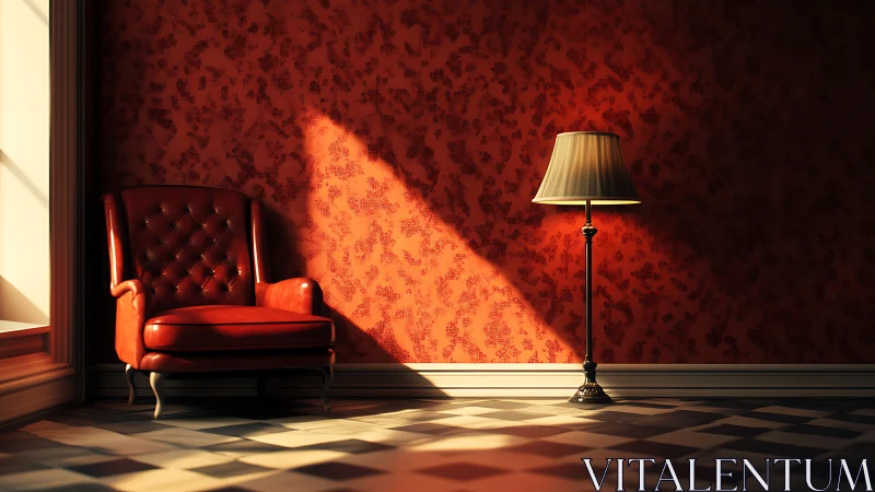 Red armchair and floor lamp against patterned wall.