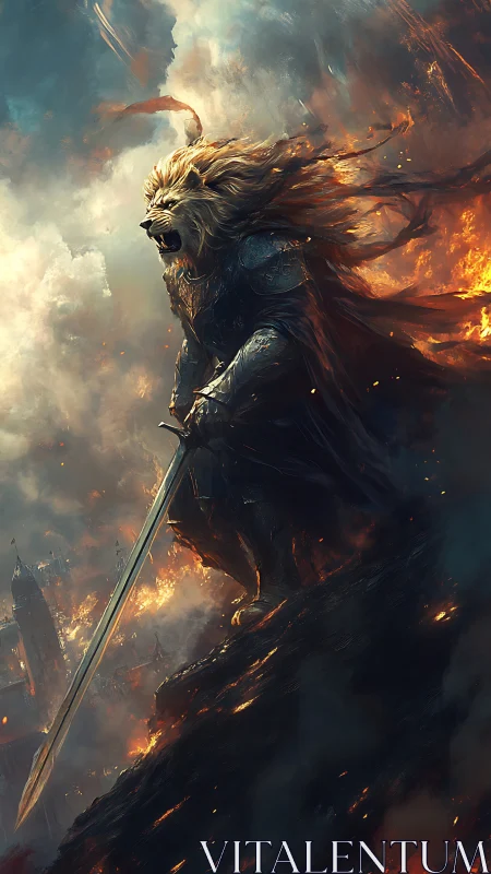 Armored lion warrior with sword amid burning battlefield.
