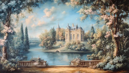 Dreamlit lakeside chateau whispers through pastel trees