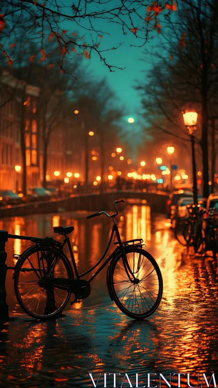 Bicycle on Wet Urban Street at Dusk with Street Lighting