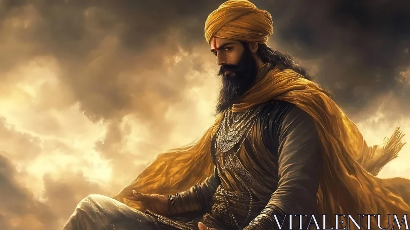 Warrior in golden turban sits against dramatic cloudy sky