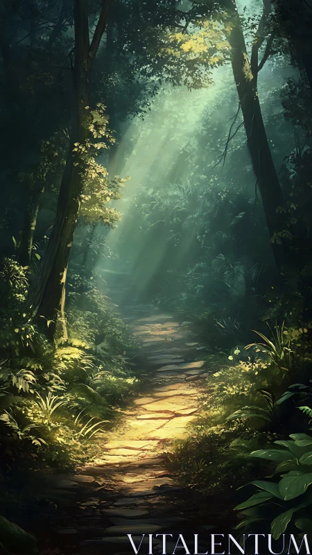Forest pathway with diffused light rays filtering through dense canopy cover