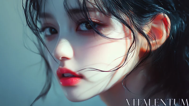 Close-up digital portrait of young woman in soft light.