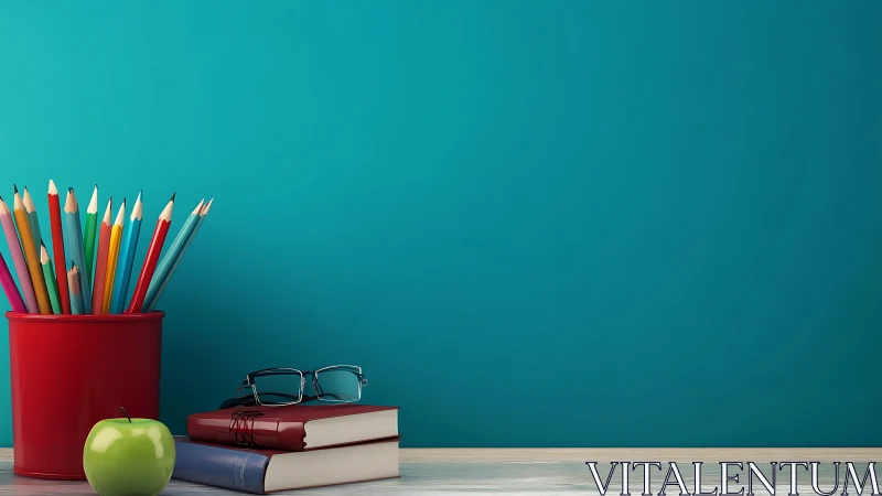 Photorealistic study desk still life with teal backdrop.