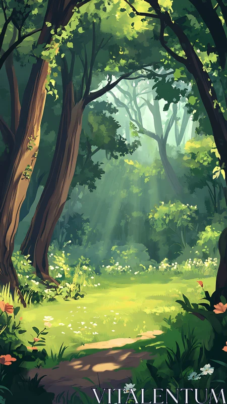 Verdant Forest Canopy with Dappled Sunlight and Luminous Clearing