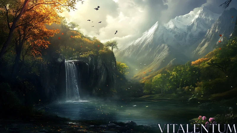 Mountain lake with waterfall and autumn forest scenery.