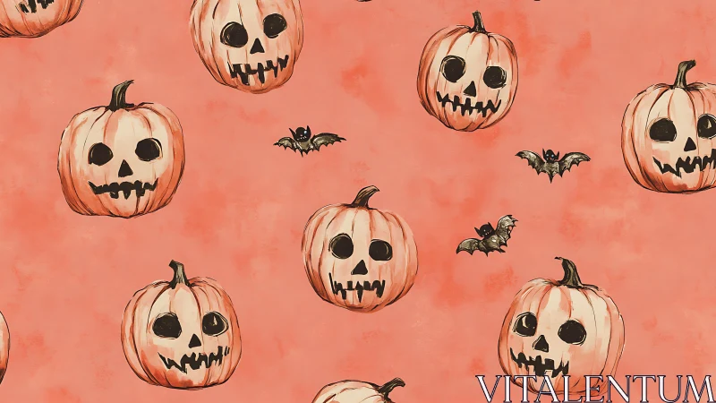 Cartoon jack o lantern pumpkins and bats on coral backdrop.