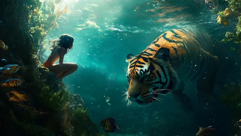 Quiet underwater meeting of girl, tiger, and drifting light.