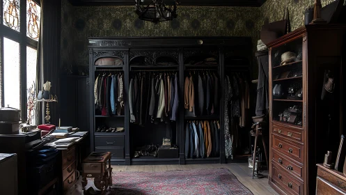 Victorian style dressing room contains organized dark wardrobe