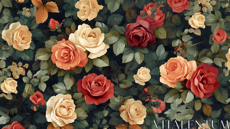 Floral arrangement with roses and foliage on dark background