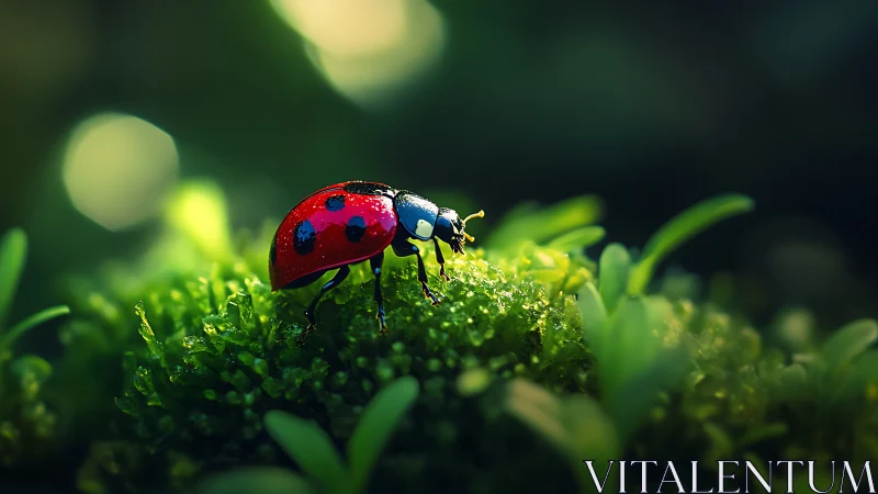 Glistening ladybug on dew covered moss in dreamy bokeh field.