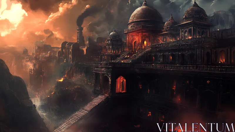 Infernal domed citadel rising above a burning ravine.