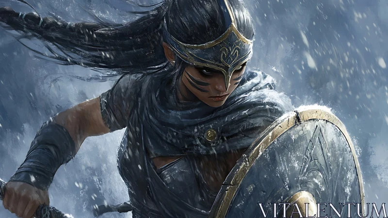 Battle-hardened shieldmaiden advances through a frozen storm