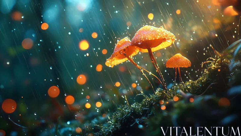 Glowing orange mushrooms in rain with soft forest bokeh.