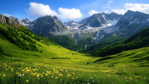 Mountain valley landscape shows green slopes and rocky peaks
