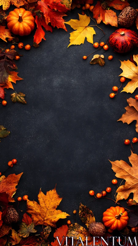Autumn pumpkins and leaves border on dark textured background.