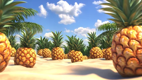 Pineapples are arranged on sandy terrain under a clear sky