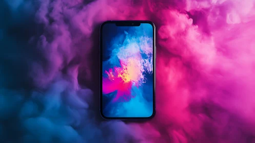 Neon smartphone glows amid swirling pink and blue clouds.