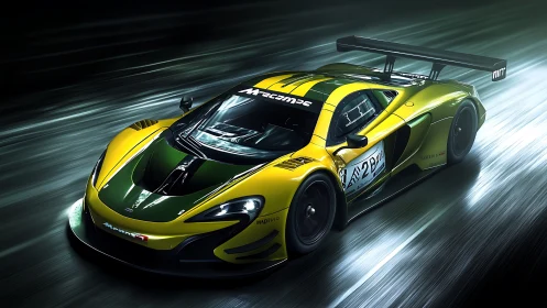 Racing comet of green and gold slices neon-soaked tarmac clean