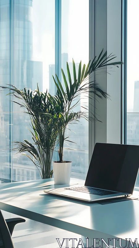 Laptop on office desk near potted palm by window wall.
