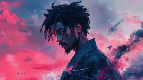 Storm-kissed samurai gazes back through swirling pink mist